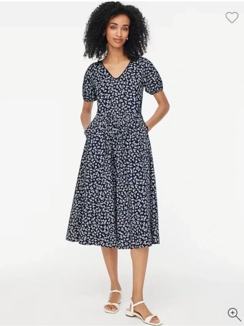 J Crew Navy Floral Midi Dress with V-Neck